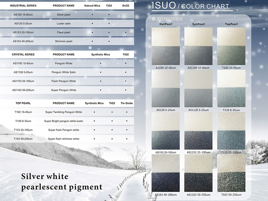 color chart of silver white fine satin pearlescent pigment