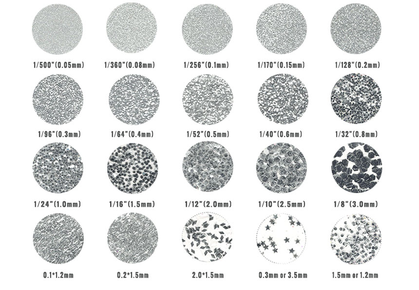 varietà di dimensioni per polvere glitter argento puro